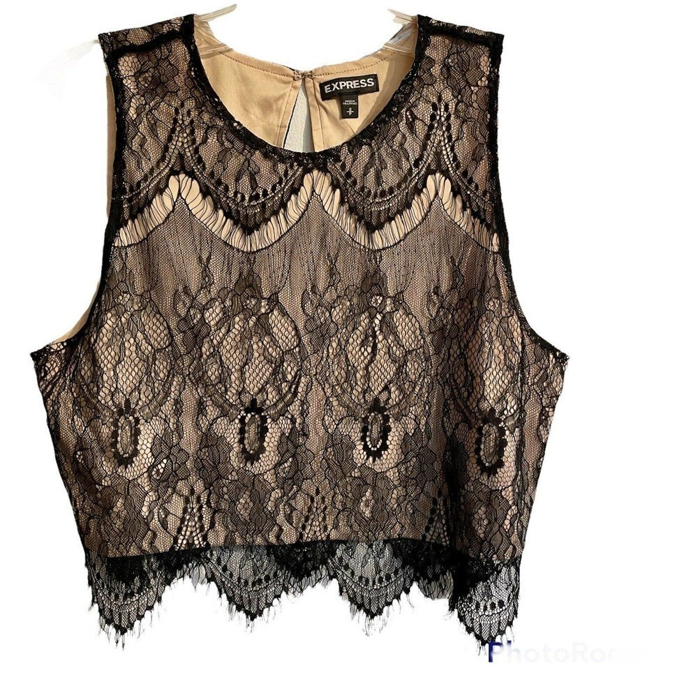 Express Small Lace Sleeveless Top Black Cropped Fully Lined Pullover Del…